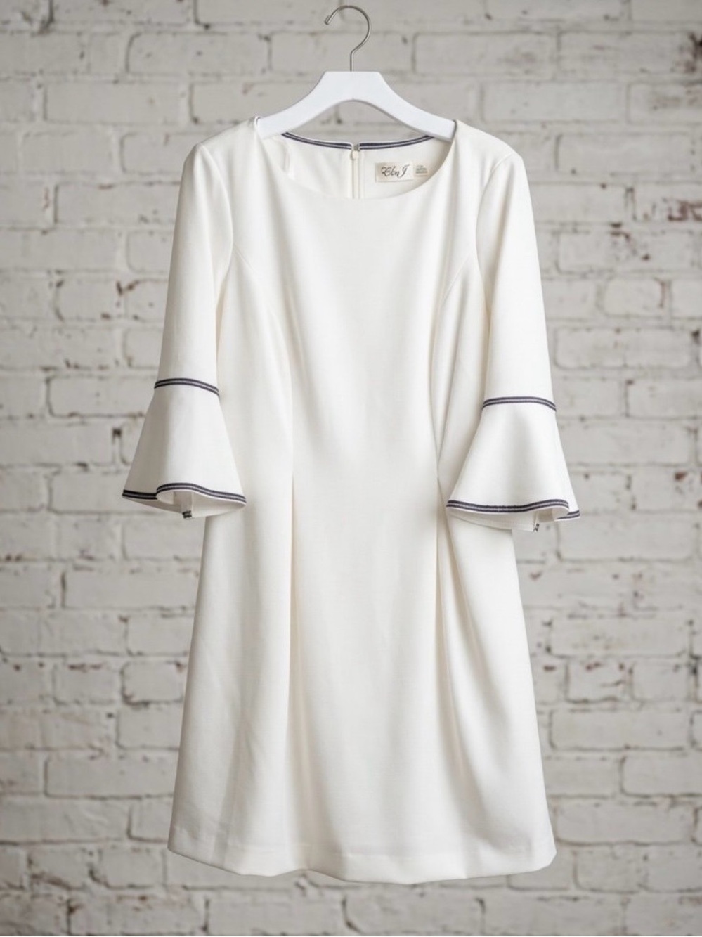 Eliza J White with Navy Trim. Bell Sleeves, A-Line Dress
